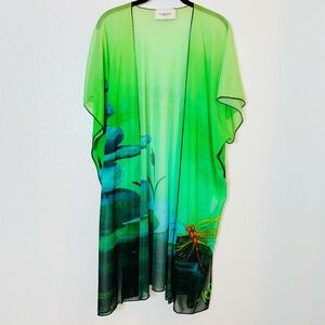 Le Galeriste Kimono Dragonfly Print Womens One Size Green Open Front Artsy Sheer